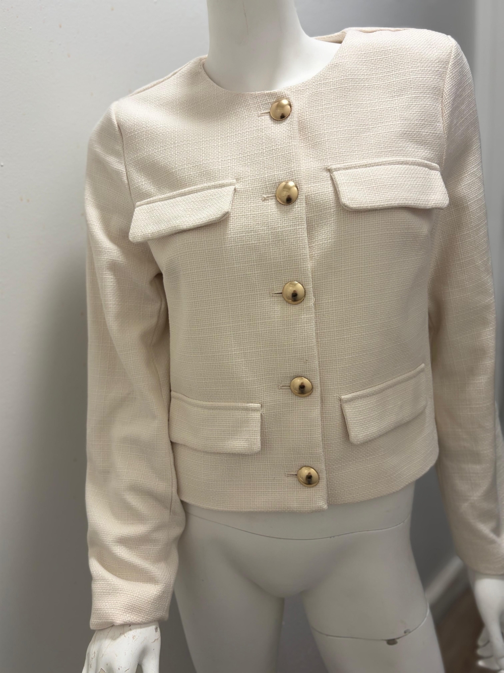 a new day Cream Textured Button-Front Cropped Blazer